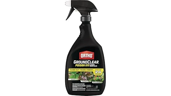 The image shows a bottle of herbicide next to a leafy poison ivy plant.