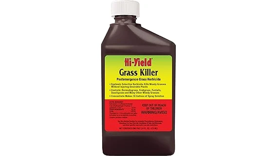 The image shows a dense patch of Johnson grass with a featured bottle of highly rated herbicide to kill it.