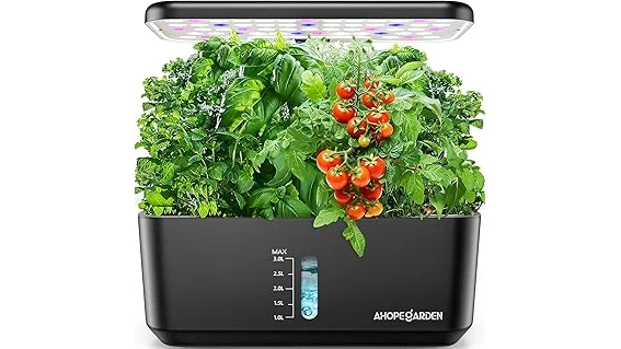 The image shows a modern hydroponic system with leafy greens growing in water, a top-rated setup.