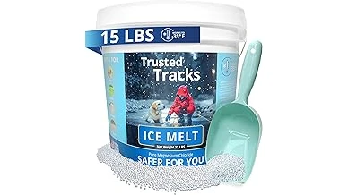 The image shows a selection of ice melt products displayed on a driveway, perfect for the Top Rated 10 Ice Melt guide.