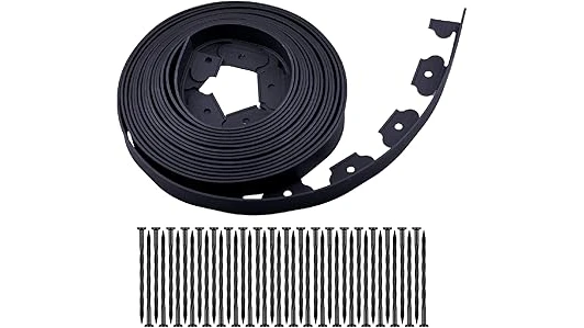 The image shows a beautifully crafted garden bed with river rock, defined by quality landscape edging.