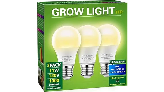 The image shows various plant grow light bulbs recommended in a Top Rated 10 Light Bulb for Indoor Plants guide.