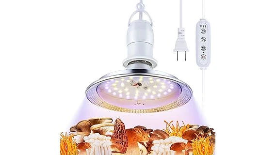 The image shows a well-lit mushroom growing tent with several trays of mushrooms under top-rated lights.