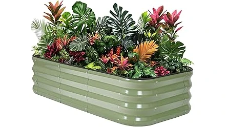The image shows different types of attractive, weather-resistant lumber suitable for building raised garden beds.