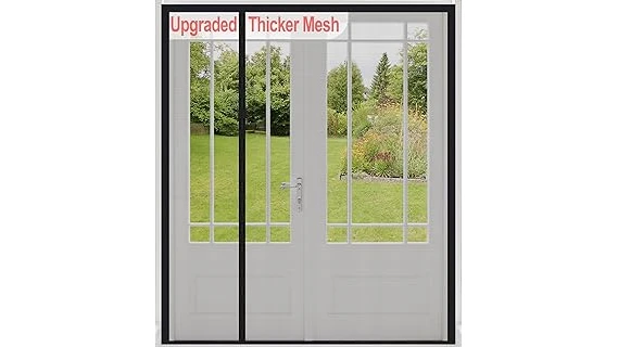 The image shows a magnetic screen door installed on a sliding door, keeping insects out.