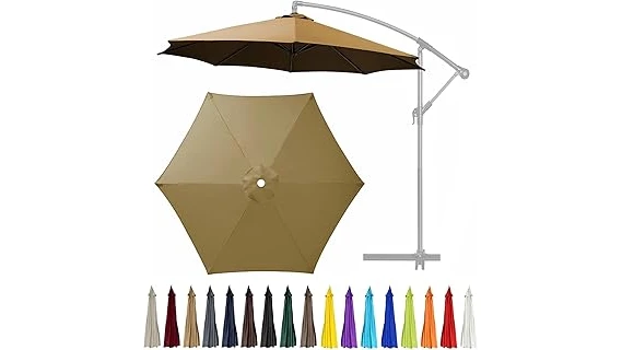 The image shows a patio umbrella selection, highlighting top-rated materials for outdoor shade.