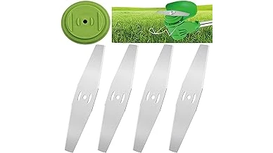 The image shows a selection of durable mower blades designed to cut through tall grass effectively.