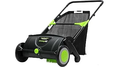 The image shows a lawn mower mulching colorful autumn leaves, a top-rated mower for this task.