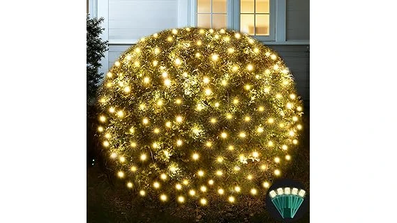 The image shows twinkling net lights illuminating lush green bushes, highlighting top-rated options for outdoor decoration.