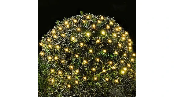 The image shows glowing net lights beautifully draped over lush green bushes, highlighting top-rated outdoor decoration options.