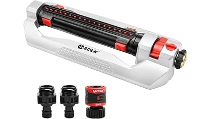 The image shows a versatile oscillating sprinkler watering a large, green lawn effectively.