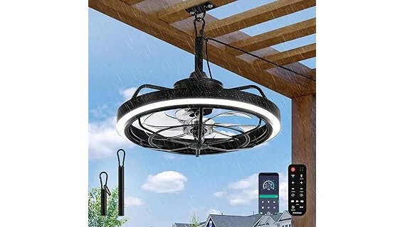 The image shows a sleek outdoor fan mounted on a pergola, highlighting top-rated outdoor fans for pergolas.