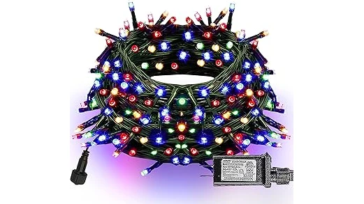 The image shows a cozy, decorated home exterior with bright, festive outdoor Christmas lights.