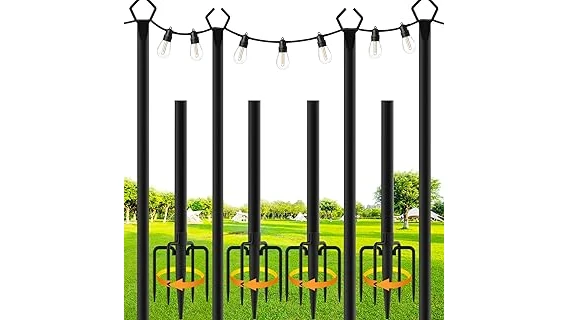 The image shows decorative poles set up to display strung lights in a garden setting.