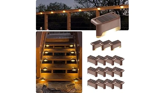 This image shows a beautiful outdoor stairway illuminated by several top-rated solar lights.