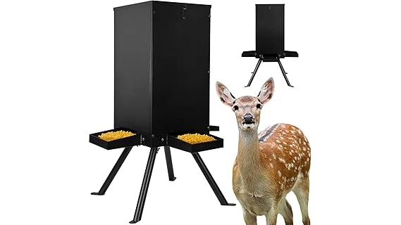 The image shows several durable deer feeders, each on a sturdy stand, ready for filling.