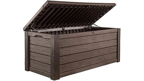 The image shows a variety of outdoor cushion storage boxes, ideal for protecting patio furniture.