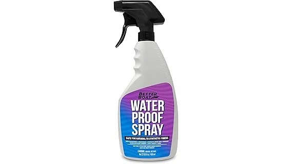 The image shows various bottles of top-rated waterproofing spray for outdoor fabric arranged neatly.