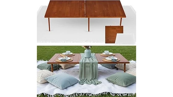 The image shows a beautifully crafted wooden picnic table, perfect for outdoor gatherings.