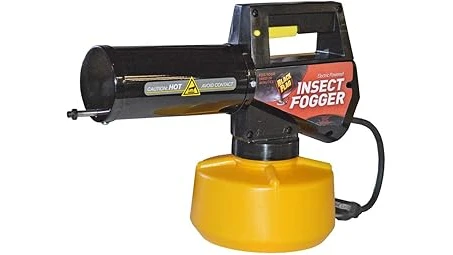 The image shows a powerful outdoor fogger machine effectively spraying a backyard, demonstrating the Top Rated 10 Yard Fogger for Mosquitoes.