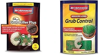 The image shows various products for controlling grubs in the spring, featuring top-rated options.