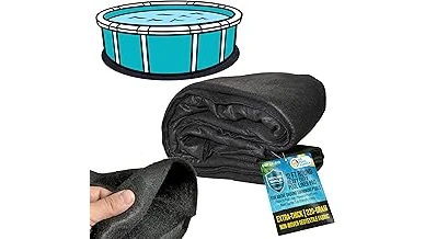 The image shows a pristine above ground pool with a protective pad beneath its base.