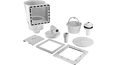 The image shows a clean, blue above-ground pool with a skimmer basket collecting debris.