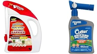 The image shows various bottles of outdoor bug spray arranged neatly for a review of the best 10 backyard bug control sprays.