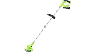 The image shows a person using a battery-powered weed wacker outdoors, highlighting its portability.