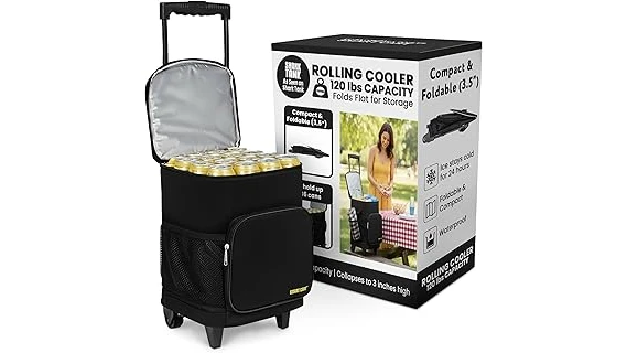 The image shows a selection of camping coolers with wheels, ideal for outdoor adventures.