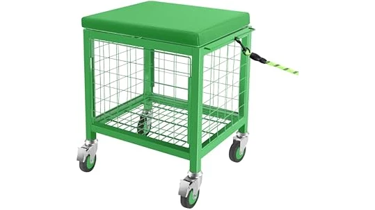 The image shows a versatile garden cart with a comfortable seat, ideal for many gardening tasks.