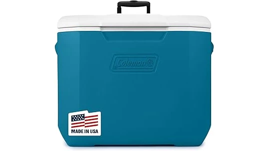 The image shows a collection of sturdy ice coolers with wheels, perfect for outdoor adventures.