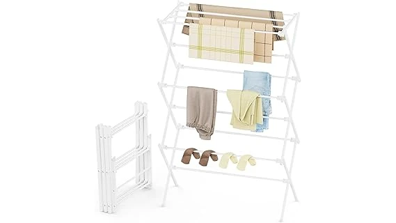 This image shows several clothes drying racks outside on a sunny day, perfect for the best outdoor clothes drying rack options.
