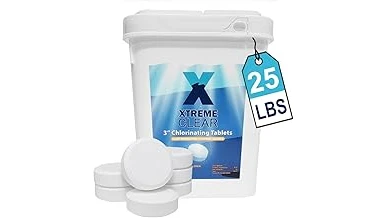 The image shows a collection of swimming pool chlorine tablets floating in clear blue water.