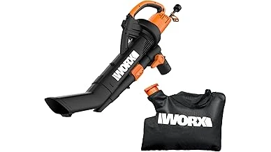 The image shows a powerful electric leaf vacuum mulcher, a top-rated tool for yard cleanup.