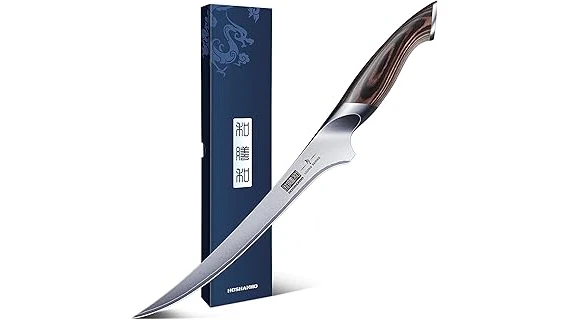 The image shows a selection of shiny, sharp filleting knives, ideal for cleaning fish.