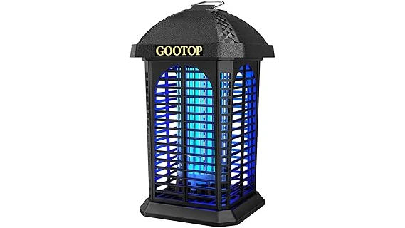 The image shows a patio table with several best-selling outdoor mosquito repellent devices for a peaceful evening.