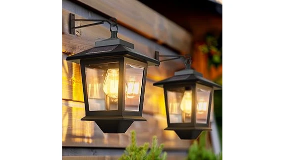 The image shows a collection of attractive outdoor solar hanging lanterns illuminating a garden space beautifully.