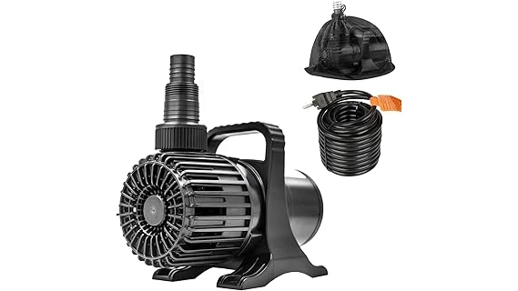 The image shows a clear pond with a Best Selling 10 Pond Pump and Filter system running.