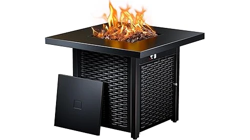 The image shows a stylish propane fire pit table, perfect for outdoor gatherings and listed among the best-selling options.