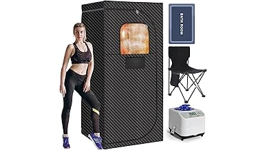 The image shows a cozy two-person outdoor sauna, perfect for relaxing in nature.