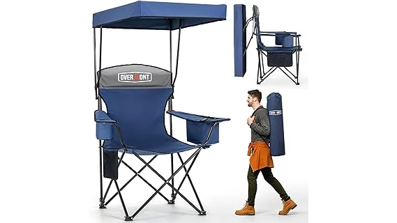 This image shows a person relaxing in a popular camping chair with a canopy, perfect for outdoor comfort.