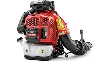 The image shows a collection of powerful gas-powered leaf blowers, highlighting the most popular models.