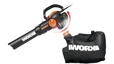 The image shows a cordless leaf vacuum mulcher in use, demonstrating its popular efficiency.