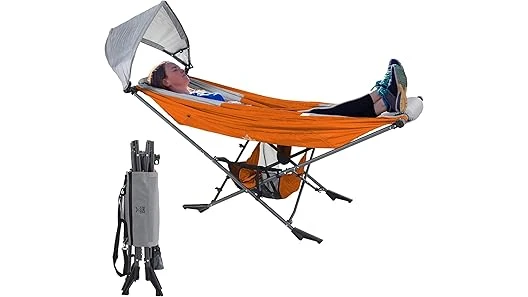 The image shows a comfortable outdoor hammock with a sturdy stand, a featured pick from the Most Popular 10 Outdoor Hammocks.
