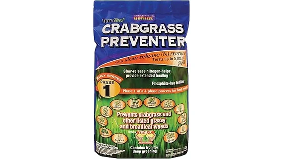 The image shows a variety of pre-emergent crabgrass preventer products for lawns.