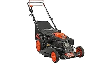 The image shows a person easily maneuvering a featured self-propelled lawn mower across a green lawn.