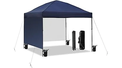The image shows a 10x10 canopy tent set up outdoors, highlighting its size and structure.