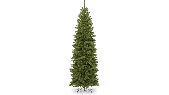 The image shows a beautifully decorated tall Christmas tree, perfect for a festive home.