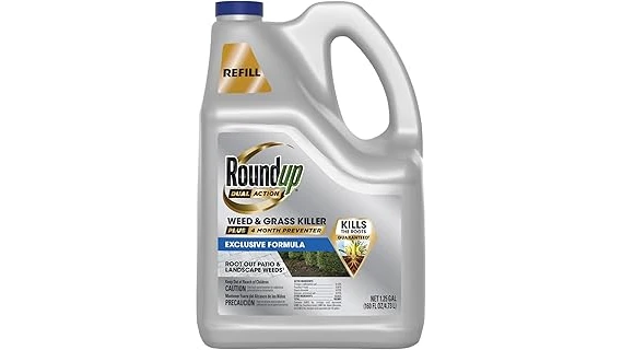 The image shows a bottle of fast-acting weed killer sprayed on a weed-infested garden path.